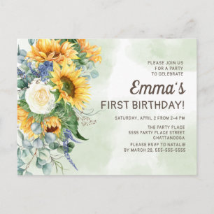 Zonnebloemen Greenery Little Girls 1ste verjaardag Briefkaart
