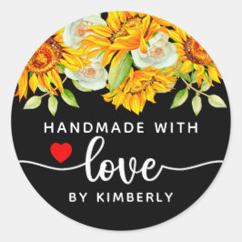 Zonnebloemen Handgemaakt met Love Black Ronde Sticker