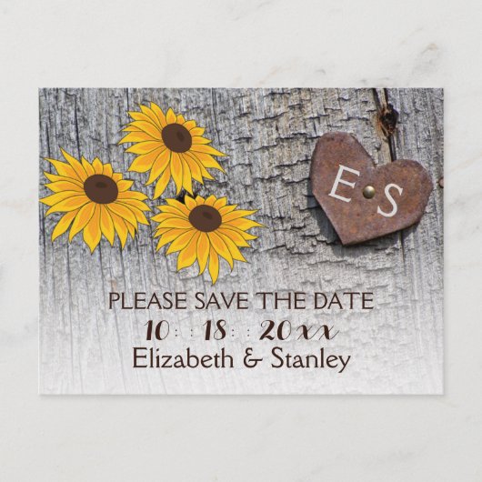 Zonnebloemen & hart op hout bruiloft Save the Date Aankondigingskaart (Voorkant)