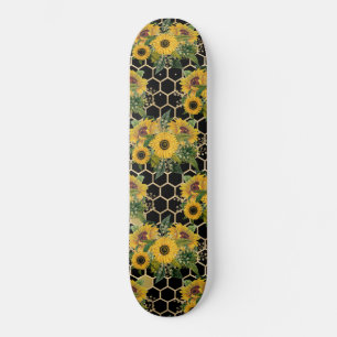 Zonnebloemen Honingraat Bloempatroon Zwart Skateboard