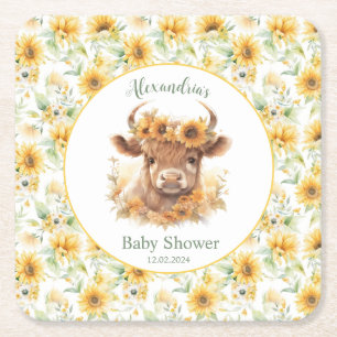 Zonnebloemen Hoogland Koe Baby shower Papier Onder Vierkante Kartonnen Onderzetter
