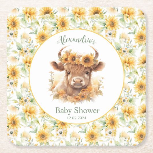 Zonnebloemen Hoogland Koe Baby shower Papier Onder Vierkante Kartonnen Onderzetter (Voorkant)