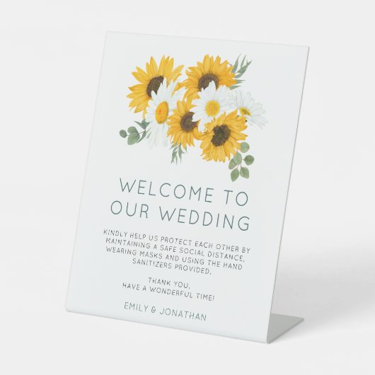 Zonnebloemen Huwelijk Welkom COVID Veiligheid Reclamebord Met Voetstuk (Voorkant)