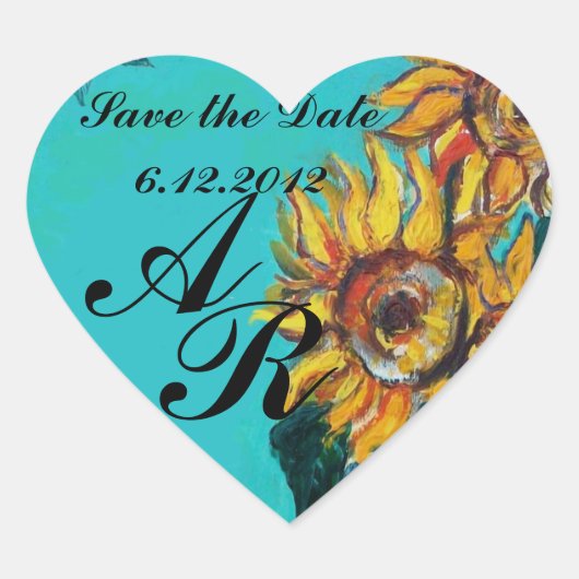 ZONNEBLOEMEN IN BLAUW BLAUWGROEN Save Date Heart M Hart Sticker (Voorkant)