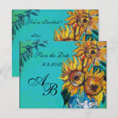 ZONNEBLOEMEN IN BLAUWE TURQUOISE ZOMERPARTY MONOGR KAART (Voorkant / Achterkant)