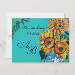 ZONNEBLOEMEN IN BLAUWE TURQUOISE ZOMERPARTY MONOGR KAART