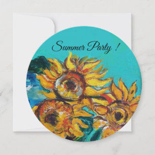 ZONNEBLOEMEN IN BLAUWE TURQUOISE ZOMERPARTY UITNOD KAART