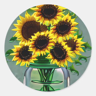 Zonnebloemen in glazen pot Art Ronde Sticker