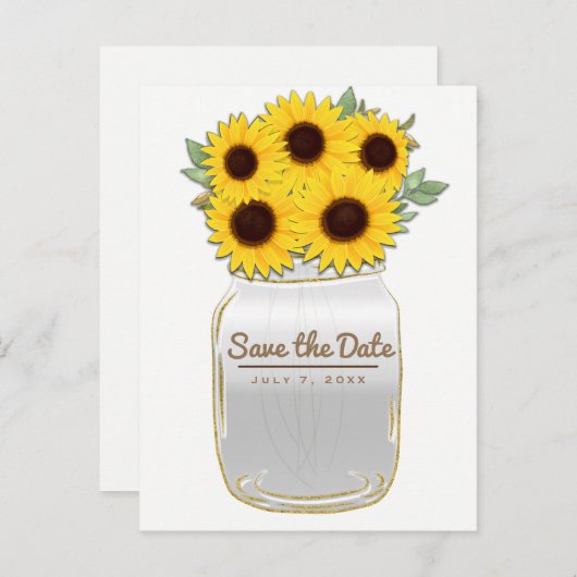 Zonnebloemen in Mason Jar Rustic Chic Save the Dat Aankondigingskaart (Voorkant / Achterkant)