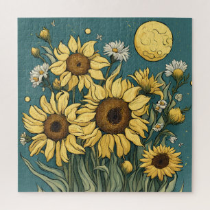 Zonnebloemen in Volle Maan Van Gogh Stijl Bloemen Legpuzzel