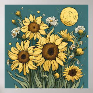 Zonnebloemen in Volle Maan Van Gogh Stijl Bloemen Poster