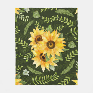 Zonnebloemen Kruiden bladeren Waterverf patroon Fleece Deken