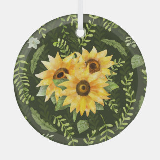 Zonnebloemen Kruiden bladeren Waterverf patroon Glas Ornament