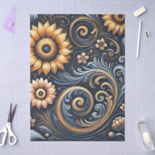 Zonnebloemen & Krullen Marineblauw Goud Decoupage  Tissuepapier