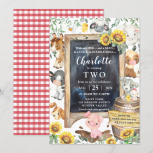 Zonnebloemen Kute Farm Animals Barnyard Birthday Kaart