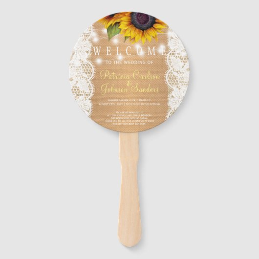 Zonnebloemen land jute kant bruiloft ceremonie handwaaier (Voorkant)
