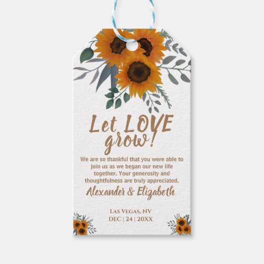 Zonnebloemen laten liefde groeien bruiloft gunst c cadeaulabel (Voorkant)