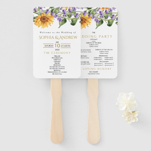 Zonnebloemen & Lavander Rustiek huwelijksprogramma Handwaaier (Voorkant en achterkant)