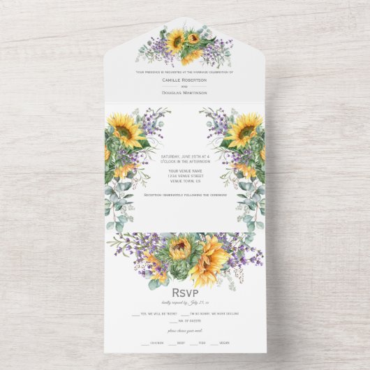 Zonnebloemen Lavender Eucalyptus | All In One Uitnodiging (Binnen)