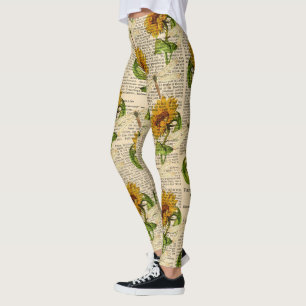 Zonnebloemen Libellen Oude Krant Landelijke Stijl Leggings