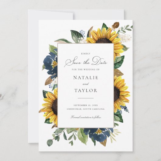 Zonnebloemen Marine Blauw Bloem Groen Save the Dat Kaart (Voorkant)