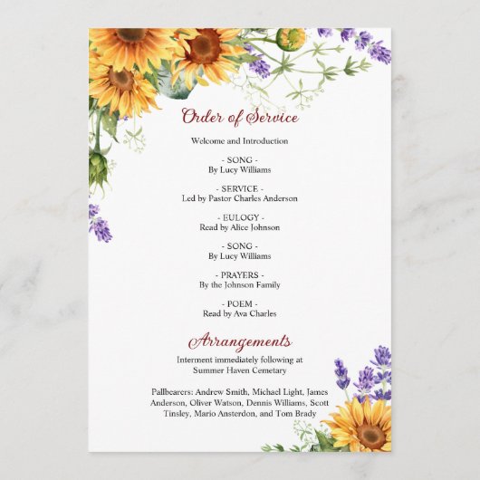 Zonnebloemen Memorial Funeral Order of Service Programma (Achterkant)