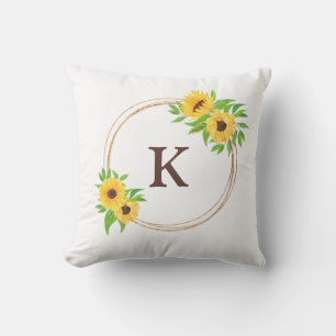 Zonnebloemen met bruin monogram Gouden lijst groen Kussen
