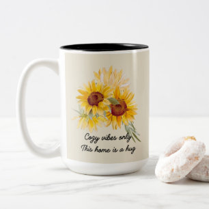 Zonnebloemen met Cosy Vibes Quote Tweekleurige Koffiemok