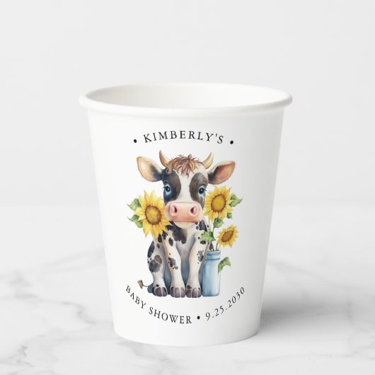 Zonnebloemen met een gelijkmatige Koe Baby shower  Papieren Bekers (Voorkant)