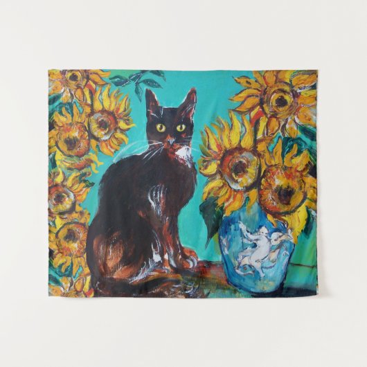 ZONNEBLOEMEN MET KAT IN BLAUWE TURQUOISE WANDKLEED (Voorkant (horizontaal))