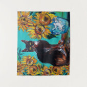 ZONNEBLOEMEN MET KAT IN BLAUWE TURQUOISE WANDKLEED (Voorkant)