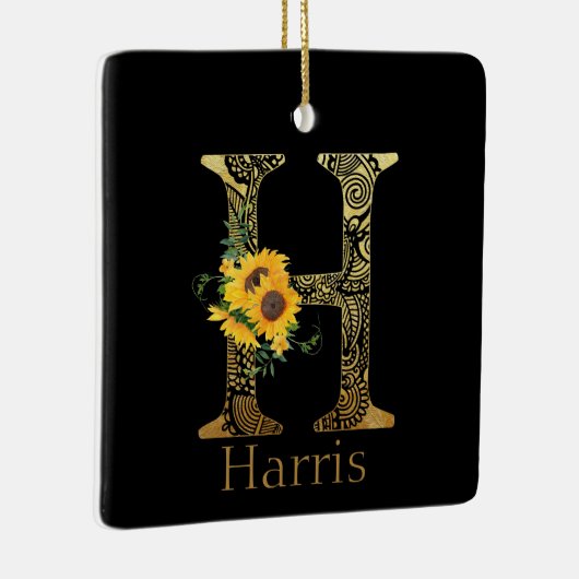 Zonnebloemen met zwarte en goudletters H Keramisch Ornament (Rechts)