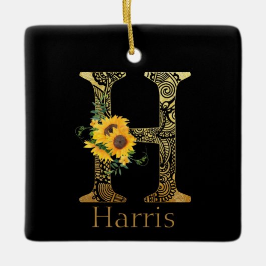 Zonnebloemen met zwarte en goudletters H Keramisch Ornament (Voorkant)