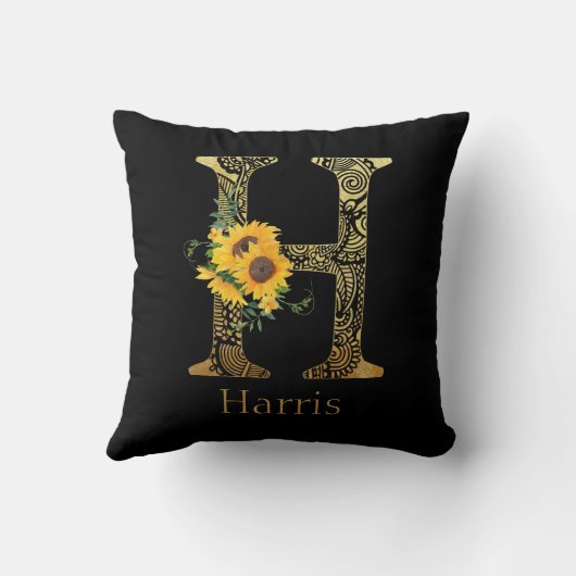 Zonnebloemen met zwarte en goudletters H Kussen (Achterkant)