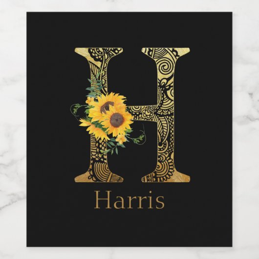 Zonnebloemen met zwarte en goudletters H Wijn Etiket (Enkel label)