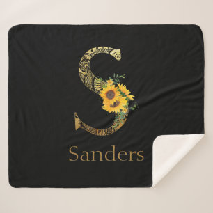 Zonnebloemen met zwarte en goudletters sherpa deken