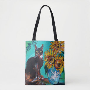 ZONNEBLOEMEN MET ZWARTE KAT IN BLAUWE TURQUOISE DRAAGTAS