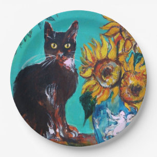 ZONNEBLOEMEN MET ZWARTE KAT IN BLAUWE TURQUOISE PAPIEREN BORDJE