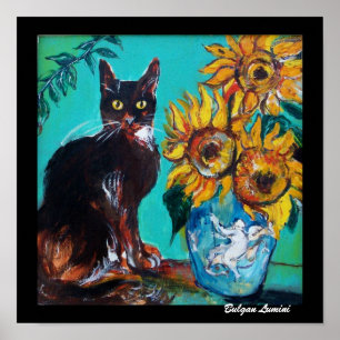 ZONNEBLOEMEN MET ZWARTE KAT IN BLAUWE TURQUOISE POSTER