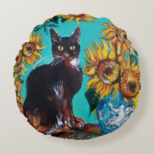 ZONNEBLOEMEN MET ZWARTE KAT IN BLAUWE TURQUOISE ROND KUSSEN