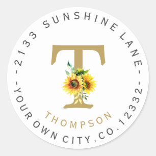 Zonnebloemen Monogram Cirkelvormig Adreslabel met Ronde Sticker