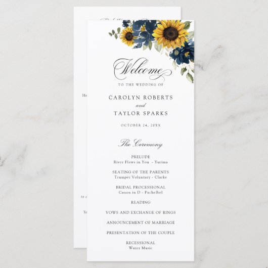 Zonnebloemen Navy Blauwe Bloemen Rustieke Trouwdag Programma (Voorkant / Achterkant)