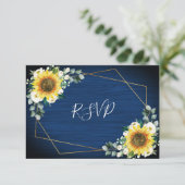 Zonnebloemen Navy Blue Bloemen Geometrische bruilo RSVP Kaartje (Staand voorkant)
