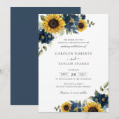 Zonnebloemen Navy Blue Flowers Greenery Wedding Kaart (Voorkant / Achterkant)