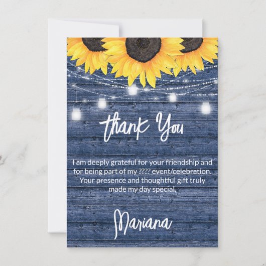 Zonnebloemen op Blauwe Partij Dank u kaart (Voorkant)