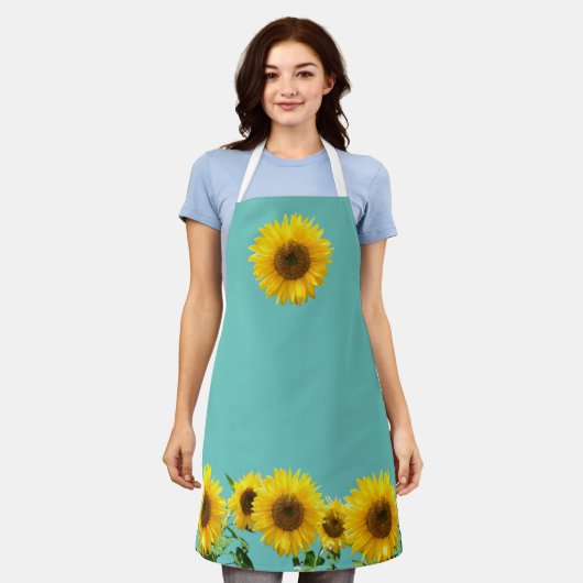Zonnebloemen op Blauwgroen Turquoise Schort (Gedragen)