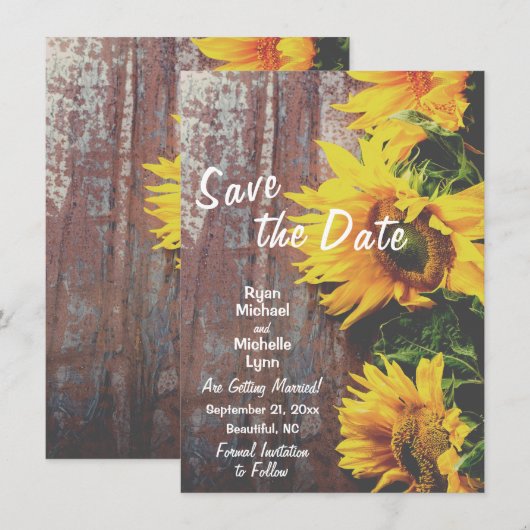 Zonnebloemen op hout Rustic Save the Date Wedding Kaart (Voorkant / Achterkant)