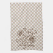 Zonnebloemen op Tan Beige Brown Gingham Pattern Theedoek (Verticaal)