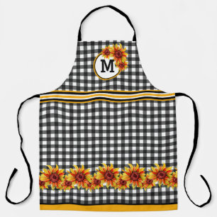 Zonnebloemen Op Zwarte Gingham Monogram Schort