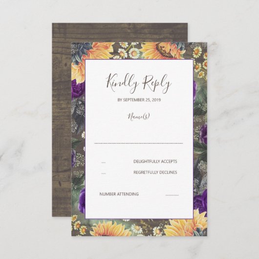 Zonnebloemen Paarse rustieke herfst bruiloft RSVP (Voorkant / Achterkant)